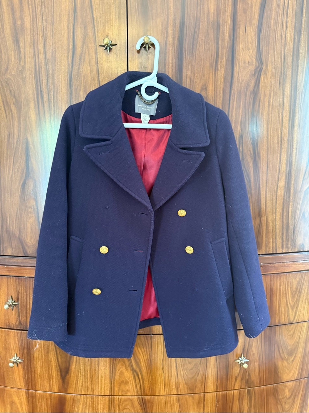 J. Crew Navy Double-Breasted Peacoat with Red Lining and Gold Buttons